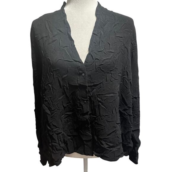 Babette San Francisco Textured Crinkle Button Front Blouse Size Large Black - Picture 1 of 6